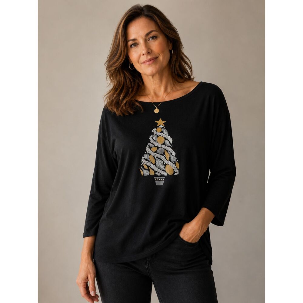Karen Scott Women's XL Black Christmas Tree Graphic Top Festive Winter Tee